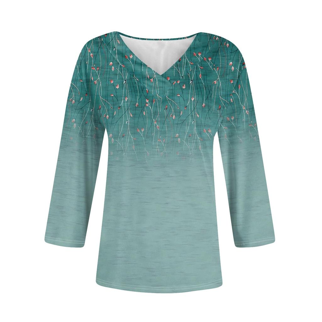 Женские рубашки с рукавом 3/4, топы с принтом и V-образным вырезом, повседневные топы, базовые футболки, блузки, свободные топы