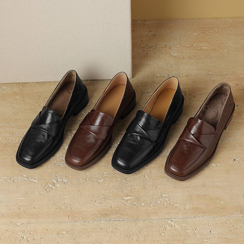 Krazing Pot Cow Leather Square Toe Thick Med Heels Spring Shoes Loafers Oxford Shoes Daily Wear Women Pumps
