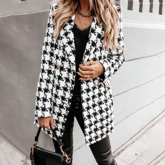 Зимнее осеннее женское пальто с отложным воротником, клетчатый принт, двубортное, с длинными рукавами, плотная куртка средней длины для свиданий, поездок на работу, офиса