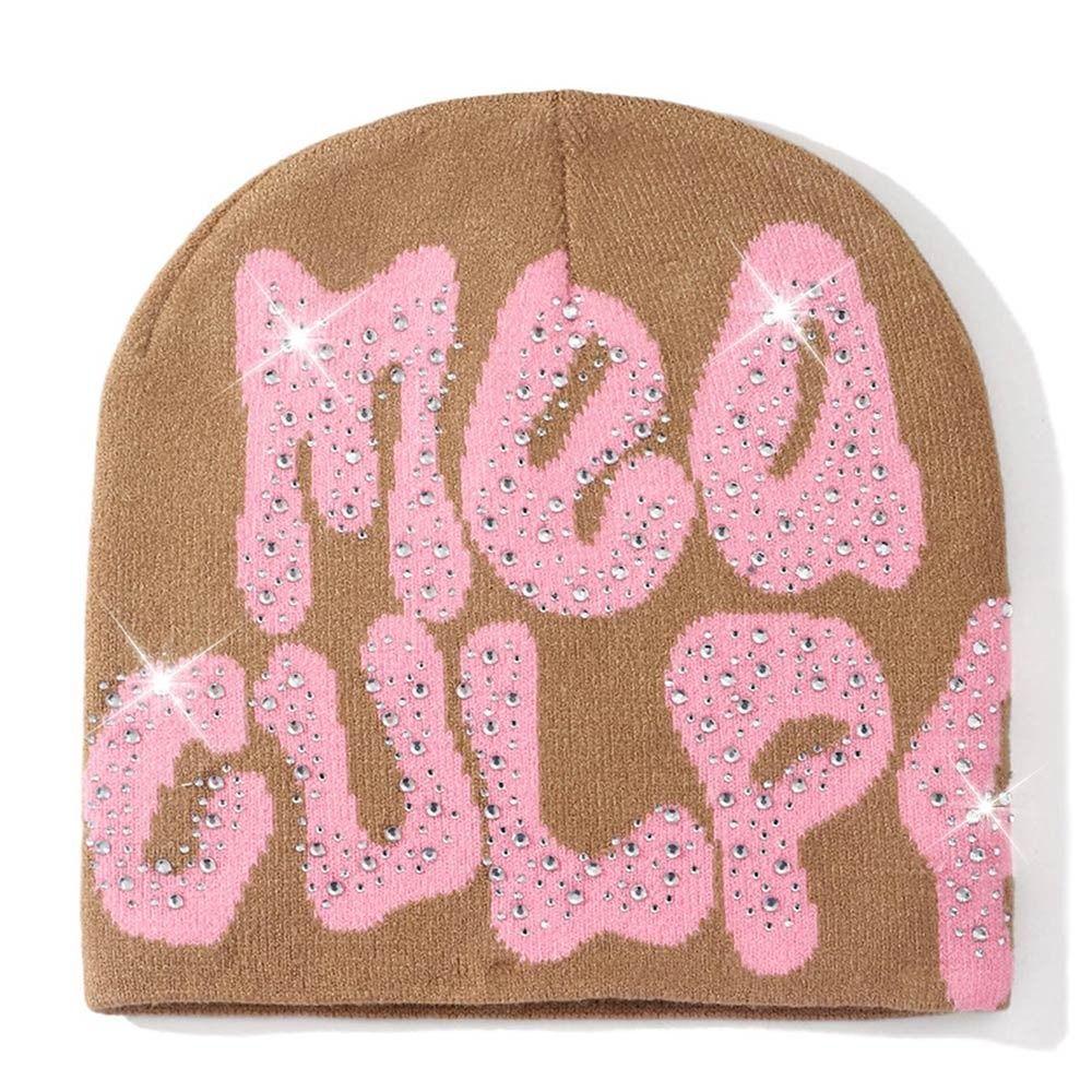 Trendy Stretch MEA Culpa Beanies Hat with Rhinestone Warm Soft y2k Beanies Hats Knitted Hip-hop Hat for Women Men