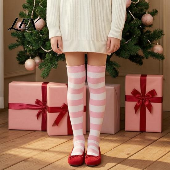Contrast Color Knee High Socks Striped Thigh for Women Girls, Over The Stockings, Fashion Soft Polyester Warm Stockings Stretchy Long Christmas