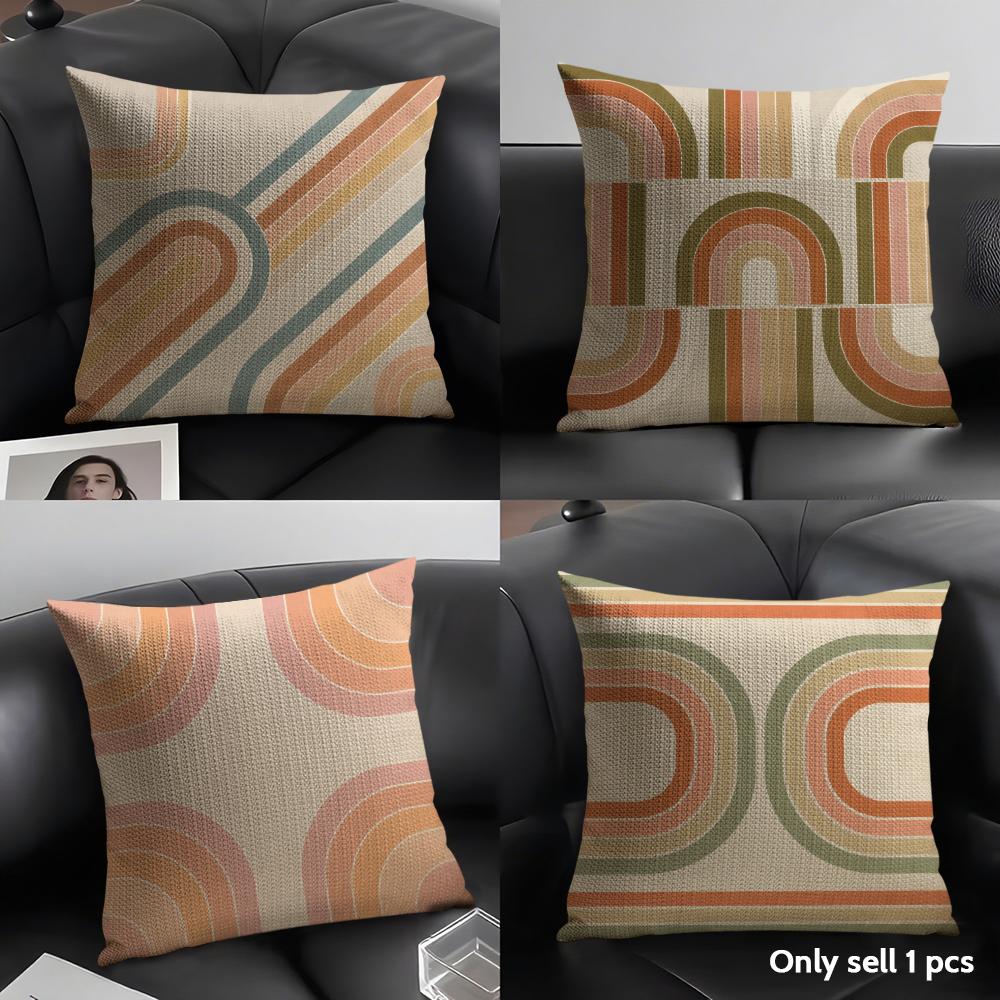 Retro s Geometric Line Cushion Cover Durable Hypoallergenic Organic Linen Short Pillow Cover Washable