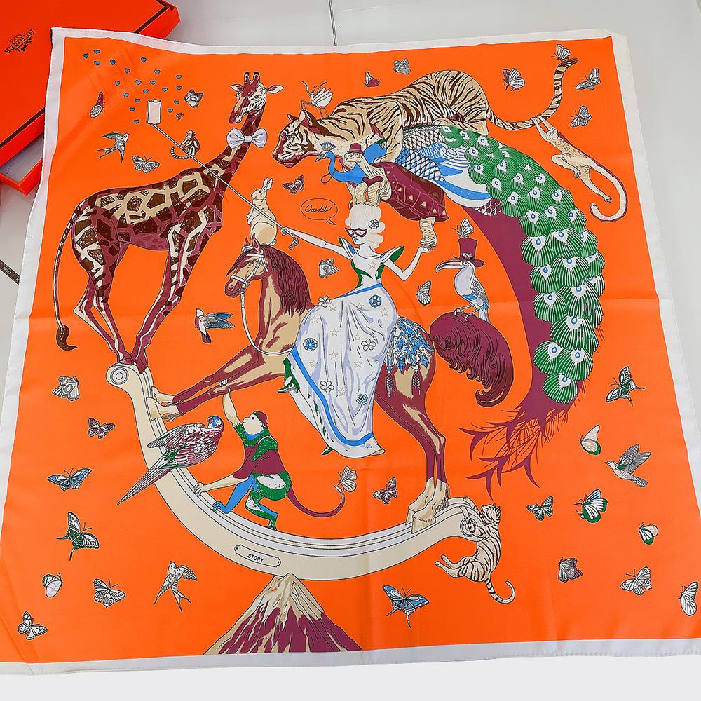 Manual Hand Rolled Twill Silk Scarf Women Animals Print Square Scarves Wraps Echarpes Curled Foulards Femme Bandana Hijab 90CM