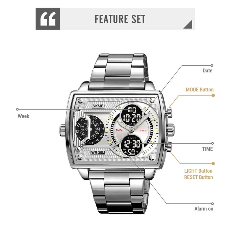 Skmei Многофункциональные светящиеся водонепроницаемые крутые цифровые часы для мужчин Мужские электронные кварцевые часы Креативные наручные часы с двойным дисплеем