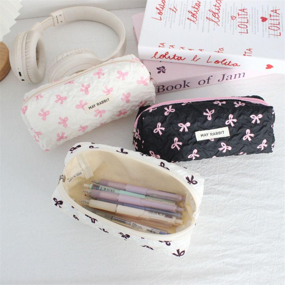 Large Capacity Bow Print Pencil Case INS Makeup Bag Simple Pen Bags Back to School Gifts