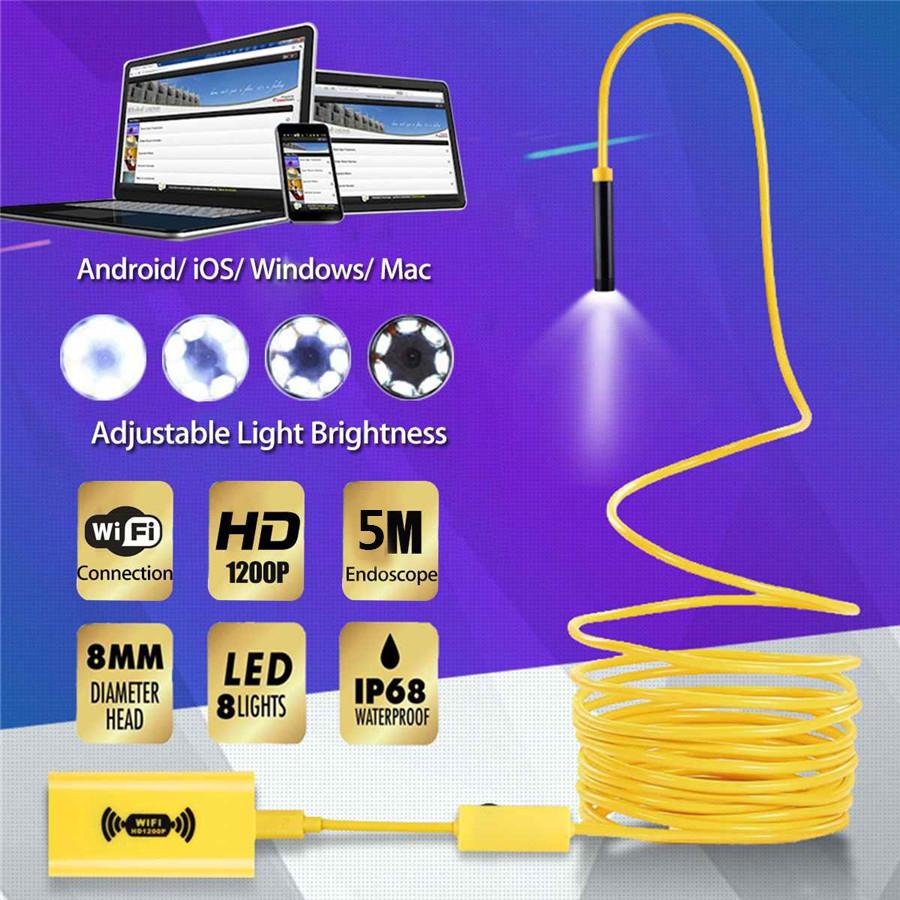 5M Жесткий Кабель 8LED WiFi Эндоскоп Бороскоп Инспекционная HD 1200P Камера IP68 Для