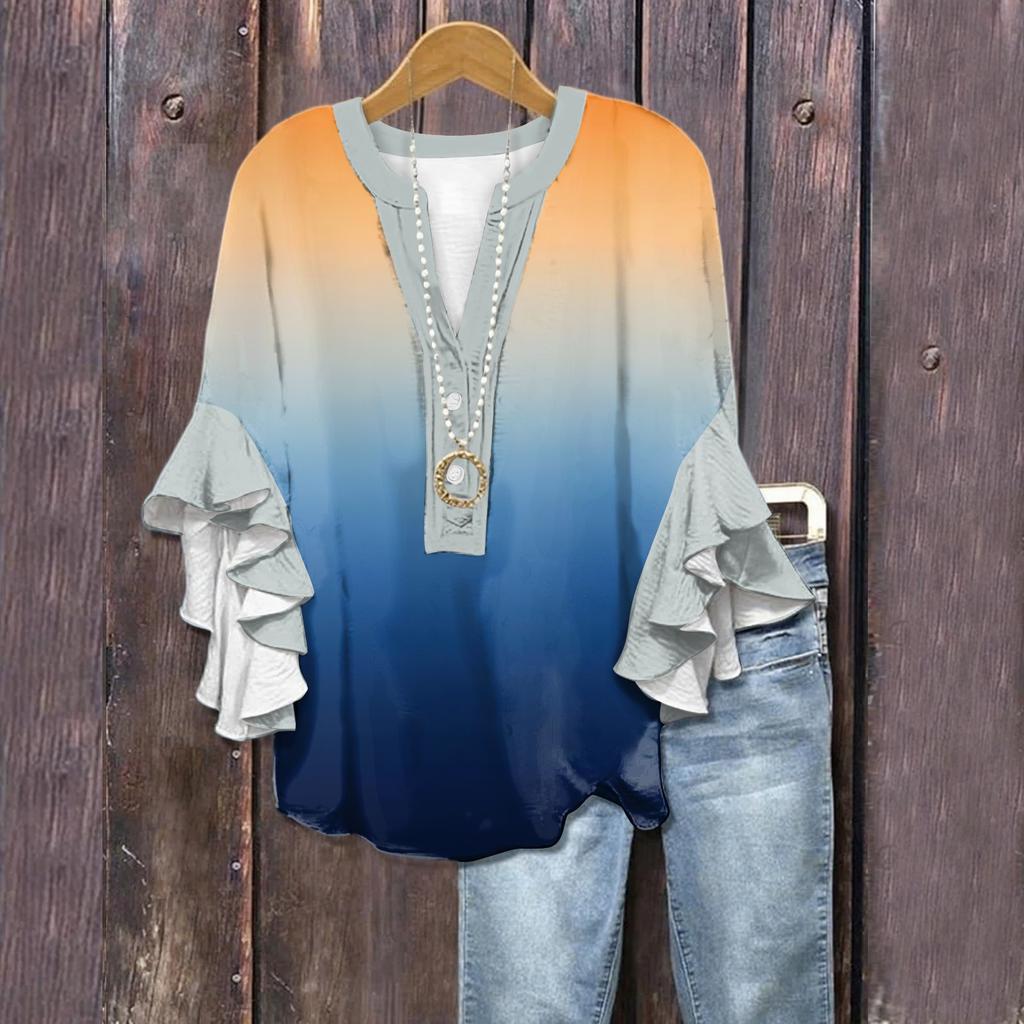 Летние топы для женщин Милые блузки с V-образным вырезом и рукавом 3/4 Принтованный топ Повседневные рубашки