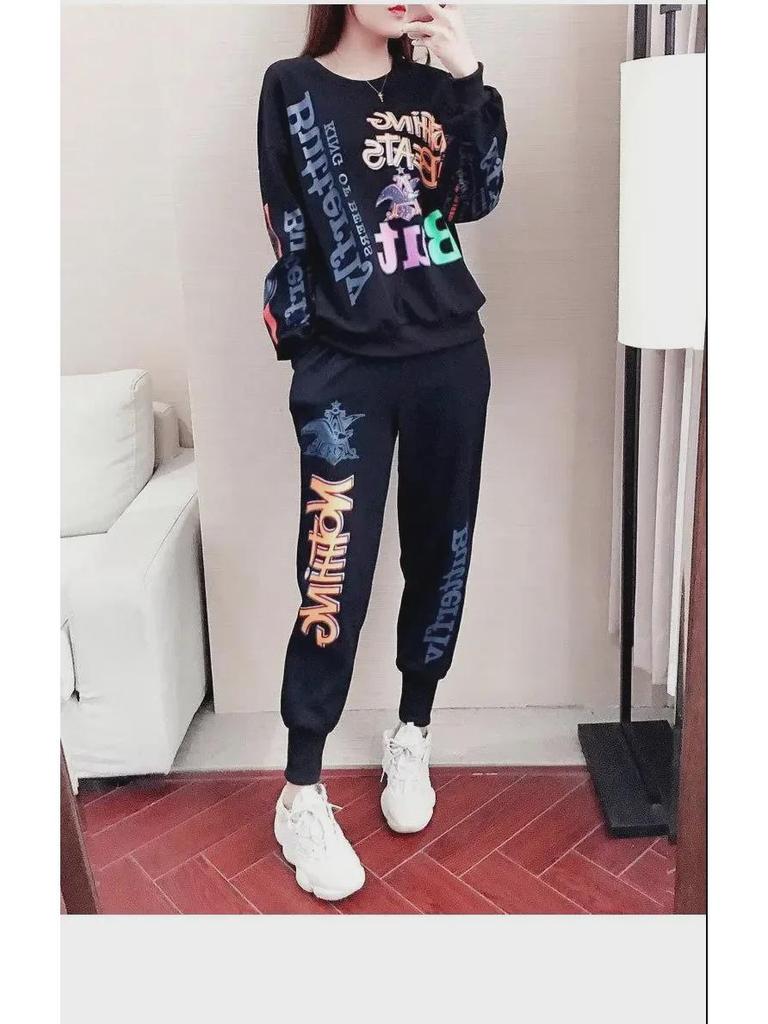 Модный женский комплект из двух предметов в стиле Харадзюку в стиле хип-хоп больших размеров: Свободная толстовка с длинным рукавом и брюки с принтом