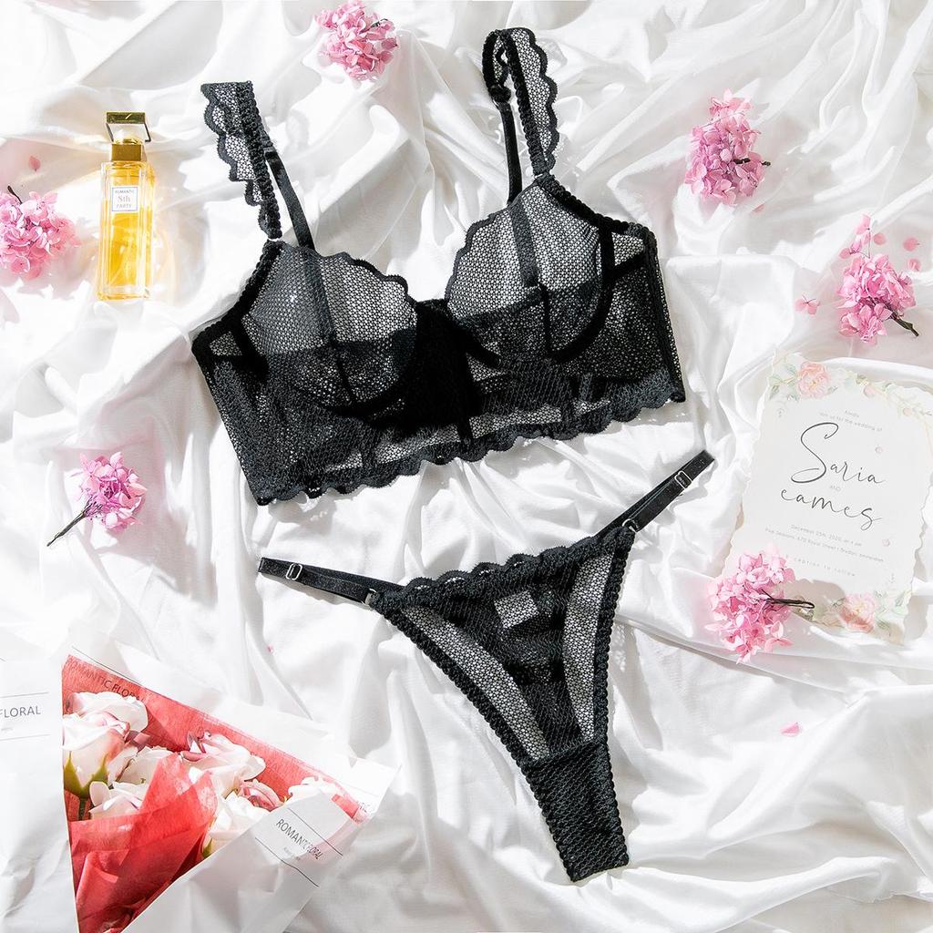 Европейский и американский сексуальный сет из кроп-топа из сетки «рыбья кость» и кружевного бюстгальтера-стрингов – Удобный, эластичный, просвечивающий, формирующий