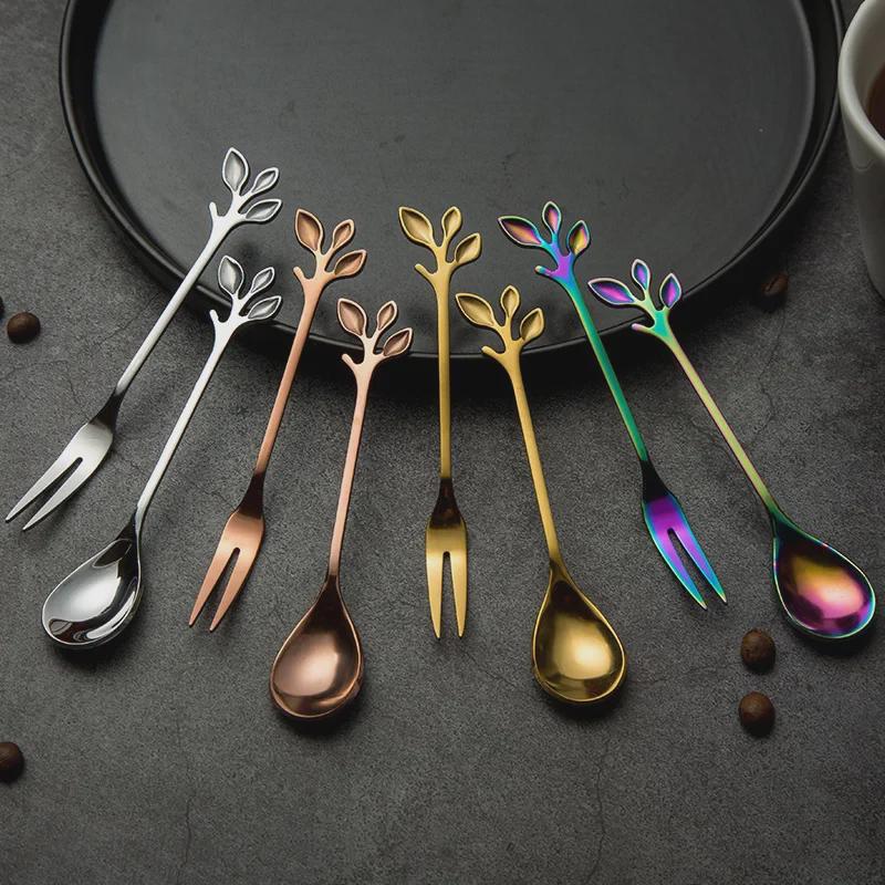 Набор ложек и вилок из нержавеющей стали Golden Leaf — маленькая кофейная, для помешивания, десертная ложка с креативной фруктовой вилкой