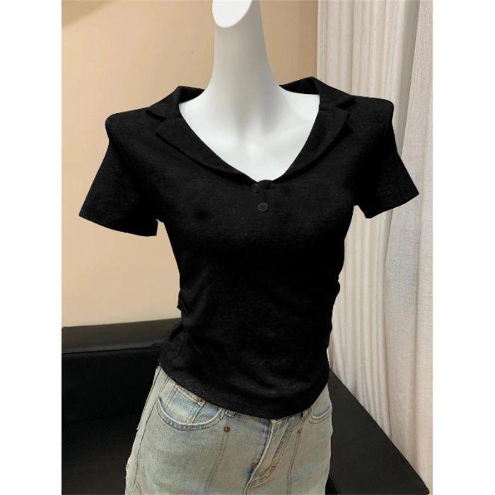 Футболка Polo Lapel Exposed Clavicle с короткими рукавами, женская летняя узкая короткая футболка