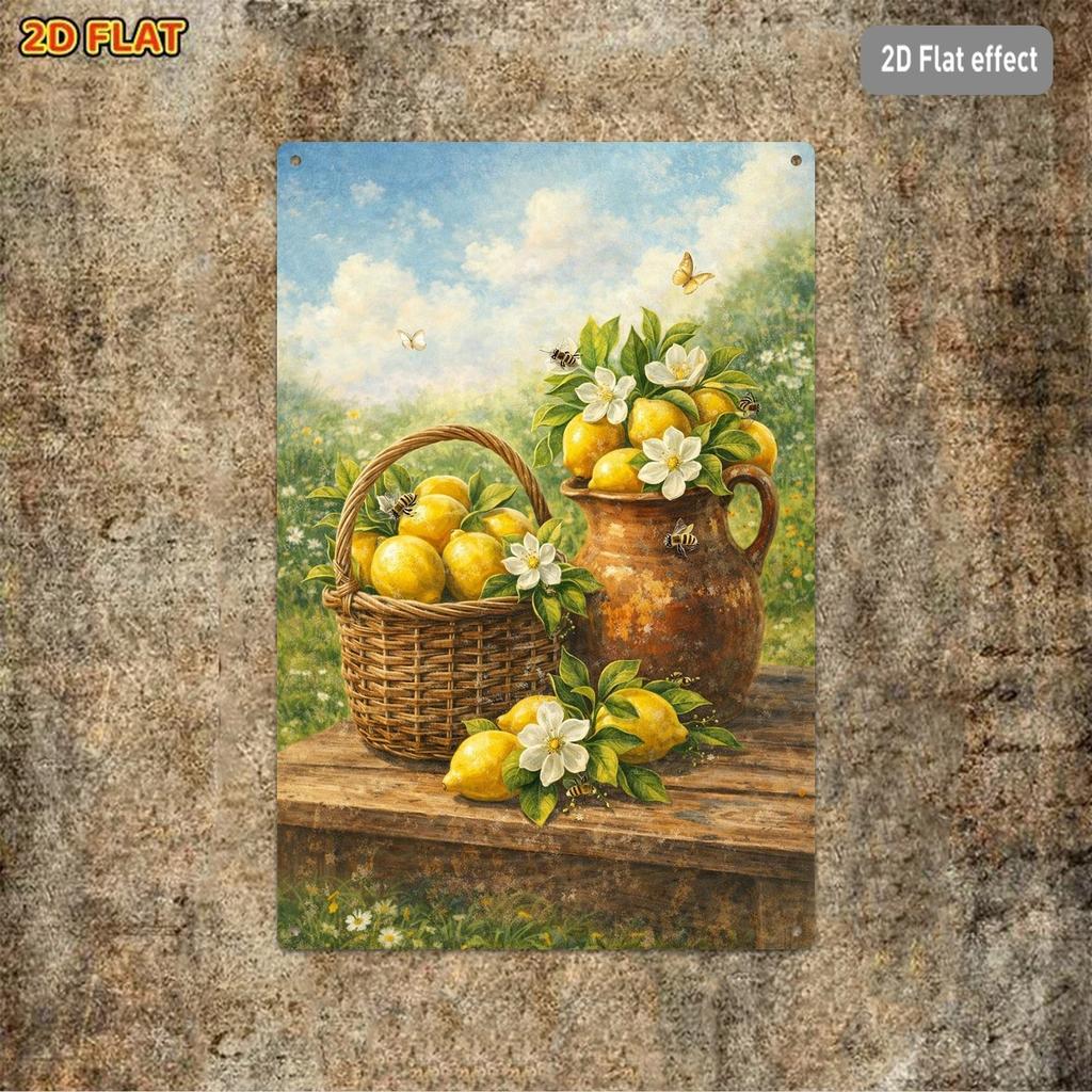 1pc Rustic Lemon Floral Print Iron Decorative Sign, 20X30Cm Farmhouse Style Wall Plaque with Pastoral Meadow Scenery, Ideal for Bedroom Living Room Ki