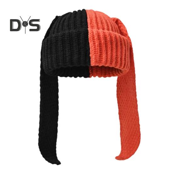 Зимняя вязаная шапка с длинным декором в виде заячьих ушей, контрастного цвета, унисекс, толстая, теплая, высокоэластичная, ветрозащитная, для холодной погоды, для катания на лыжах и т. д.