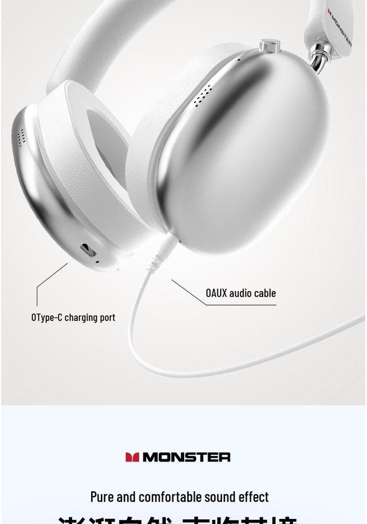 Monster AH100 Wireless Over-Ear Bluetooth Headphones, ANC Noise Cancelling, Long Battery Life, Perfect for Gaming & Sports