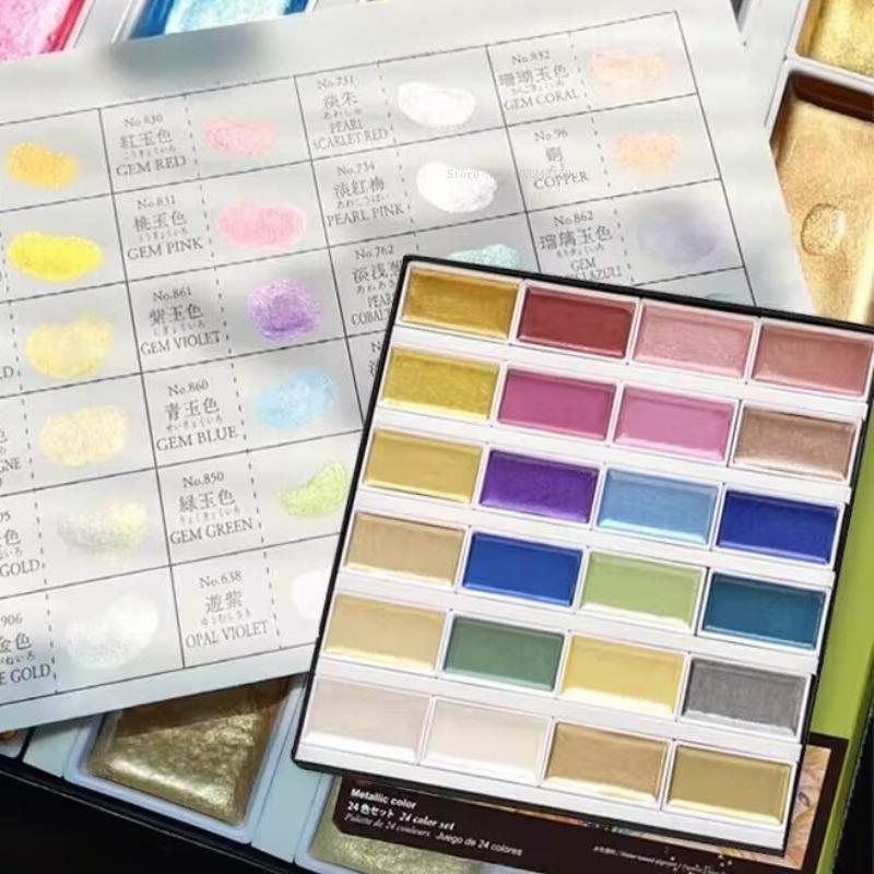 24-Color New Pearlescent Color Solid Chinese Painting Water Color Artist Hand-painted Illustration Detail Depiction Art Supplies