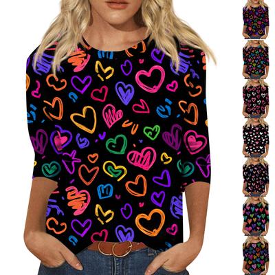 Женские топы Рубашка с рукавом три четверти V-образный вырез Свободная повседневная рубашка Футболка с принтом