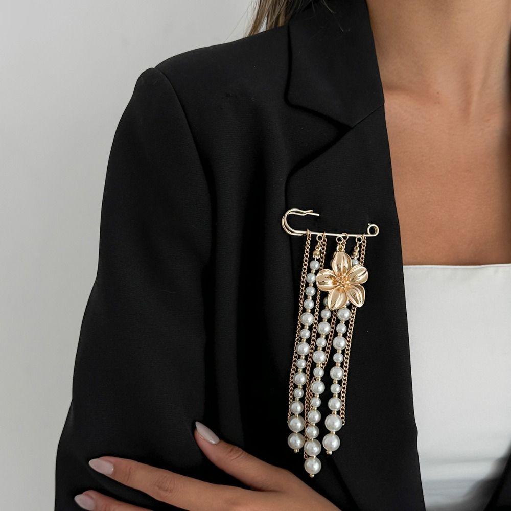 Flower Tie Collar Needle Pearl Multi-layer Chains Pin Tighten Waist Clip Long Tassel Brooch  Women