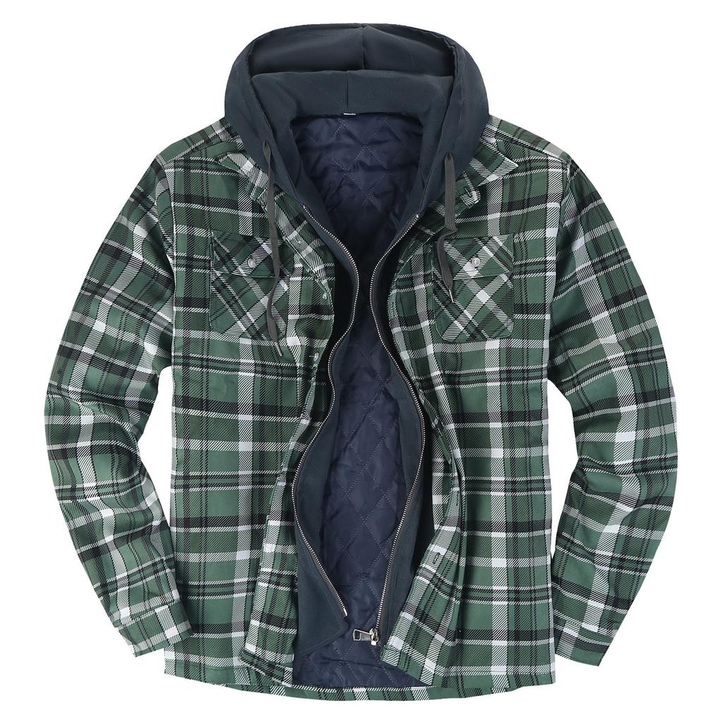 Men's Quilted Lined Button Down Plaid Shirt Add Velvet To Keep Warm Jacket With Hood