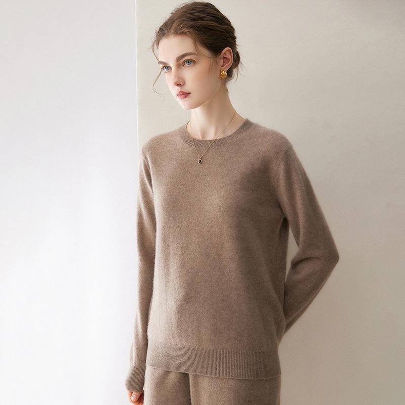 Women's 100% Cashmere Knit Round Neck Loose Sweater - Autumn/Winter Long Sleeve Base Layer Top