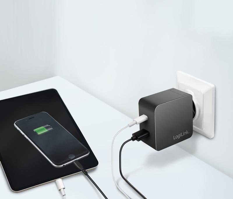 Dual USB Charging Adapter, USB-A/C Wall Charger, 45W, Black