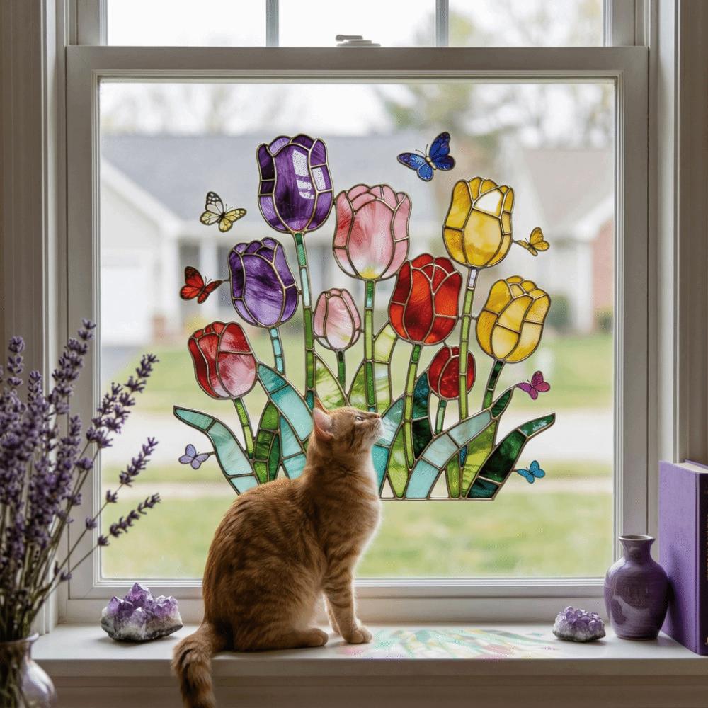 Removable Tulip Window Decals Waterproof Tulip Butterfly Wallpaper Tulip Glass Stickers Doors