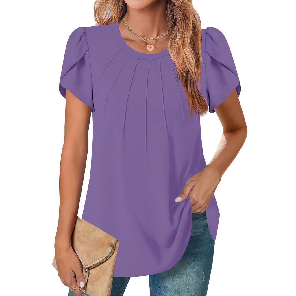 Women's Casual Round Neck Short Sleeve Chest Pleated Flap Sleeve Solid Color Top