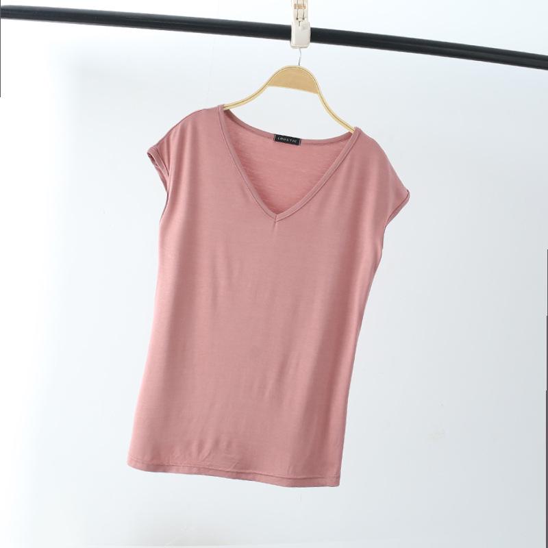 Solid V Neck Basic Tshirt Women Summer Modal Loose Tee Tops Casual Undershirt