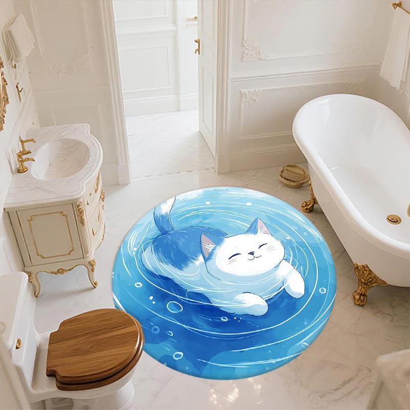 Кошка с рябью на воде, Круглый ковер, Ковер для гостиной, спальни, дивана, игровой комнаты, Декор, Нескользящий коврик для пола
