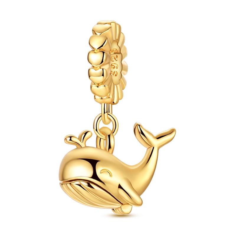 925 Silver Golden Series Charms Bead with CZ Zircon Whale Butterfly Sun Pendant for DIY Fashion Jewelry Bracelet