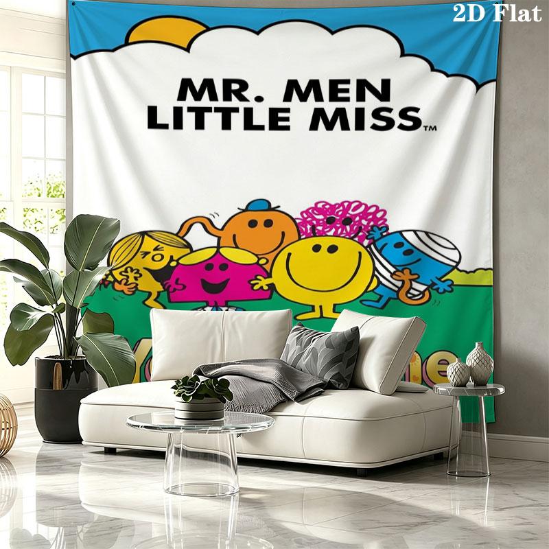 Mr. Men Little Miss Custom Name Wall Tapestry Aesthetic Wall Hanging Printed Fabric Blanket Decorative Tapestries for Bedroom Living Room Home Decor