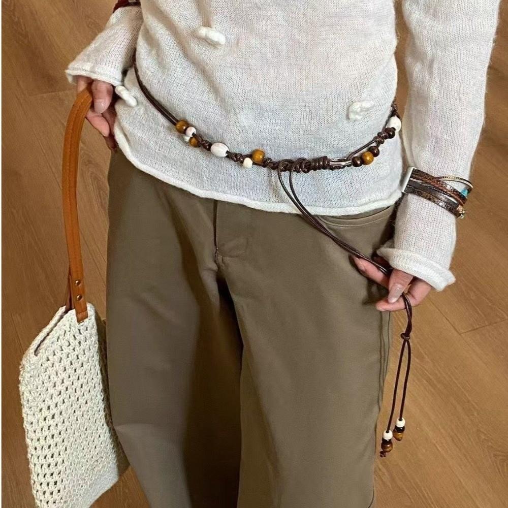 Wooden Bead Decorative Waist Belt Adjustable Slenderizing Waist Rope for Dress and Jeans