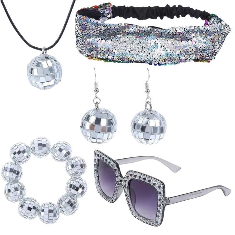 1970s Disco Dress up Costume for Women 70/80s Theme Party, Including Bling Hat Bling Sunglasses Long Scarf