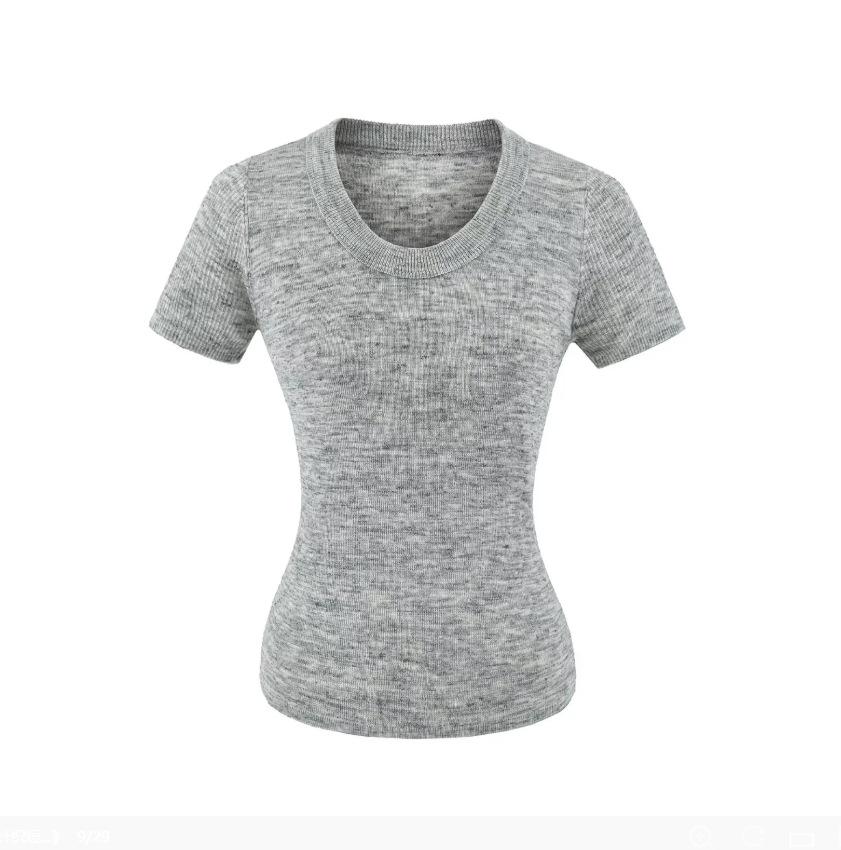 U-neck front shoulder short-sleeved T-shirt women's summer new American Spice Girl style solid color slim-fitting and thin bottoming shirt top