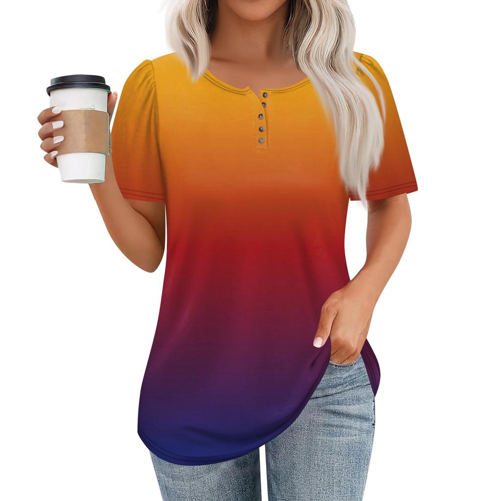 Женский модный повседневный короткий рукав пуловер с принтом на пуговицах и круглым вырезом