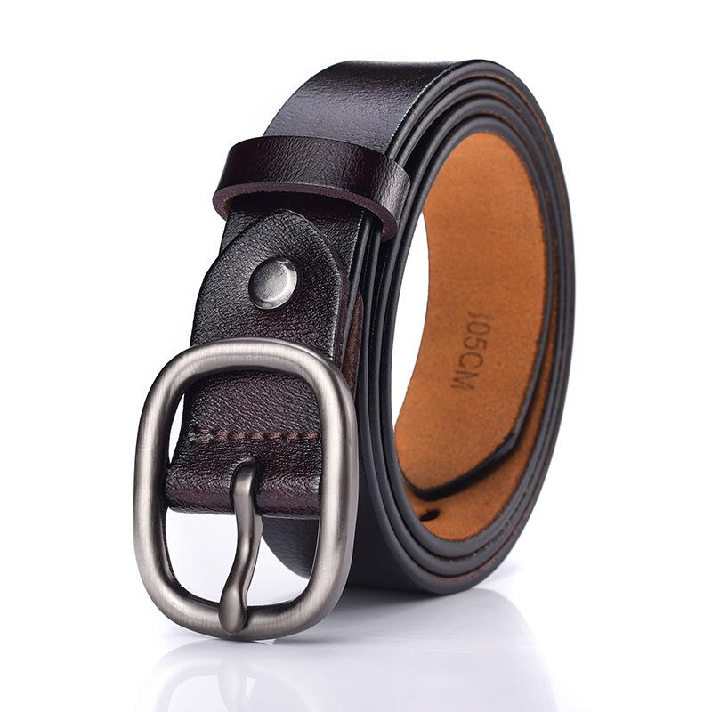 Women'S Leather Pin Buckle Belt, Two-Layer Cowhide Silver Buckle Belt, Casual Matching, Jeans Belt Trendy