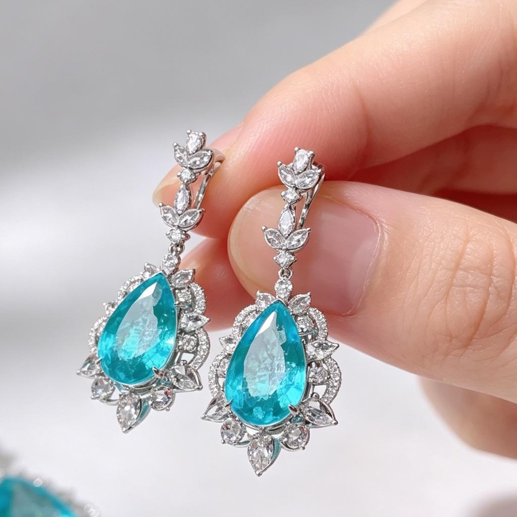 Paraiba Blue Pear Cut CZ Dangle Earrings 925 Silver Luxury Wedding Drop Earrings for Women