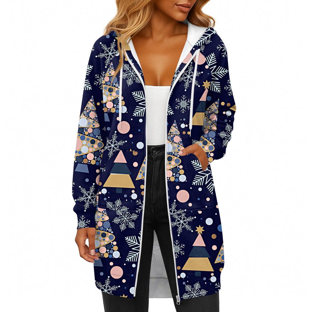 Women's Fashionable Christmas Printed Long Sleeved Drawstring Hooded Zipper Pocket Long Casual Sweatshirt Jacket