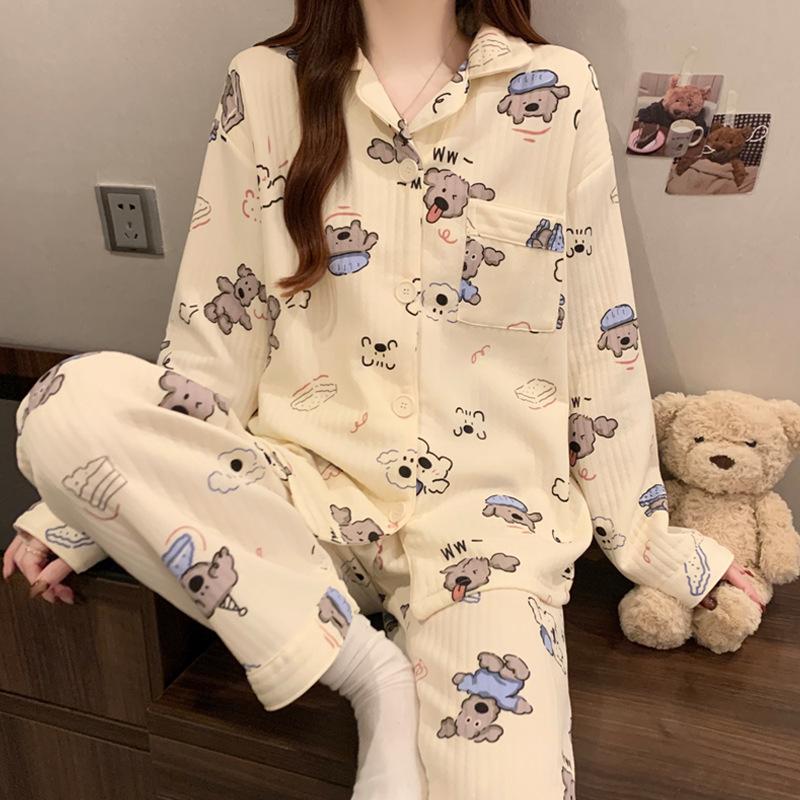 Air cotton pajamas women's autumn and winter interlayer warm long-sleeved suit cartoon embroidered loungewear real shot