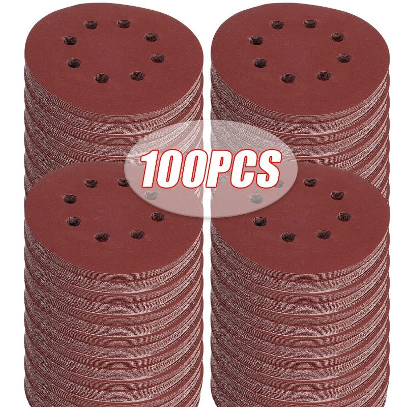 100Pcs Sanding Discs 8-Hole Hook and Loop Round Sandpaper for Random Orbital Sander for Wood Paint Stain Varnish Removal Tools