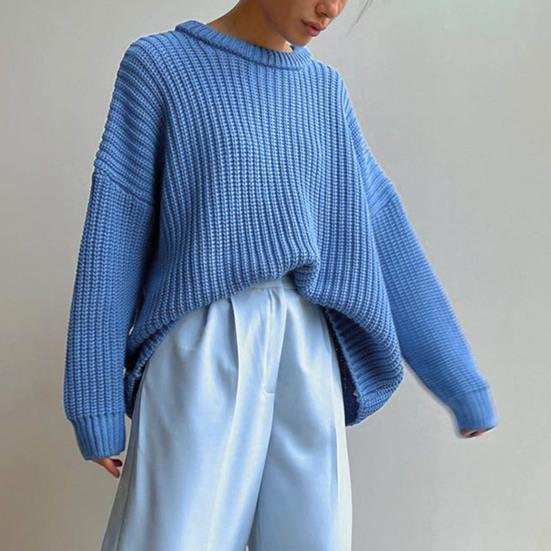 Женский пуловер с круглым вырезом, длинными рукавами, из эластичной ткани, вязаный топ, однотонный, свободного кроя