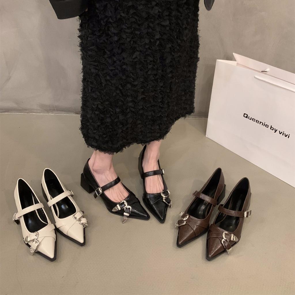 Французский темперамент заостренные высокие каблуки черные одинарные туфли женские туфли 2025 новые весна и осень зима Мэри Джейн маленькие кожаные туфли