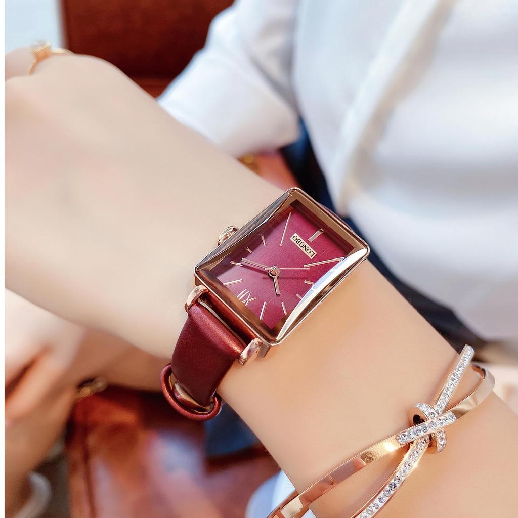 Часы с квадратным кожаным ремешком и бриллиантами на руку, маленькие стильные водонепроницаемые, простые, деловые, брендовые, милые, повседневные, роскошные, подарочные, красные часы для женщин