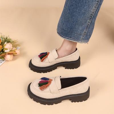 Женская обувь Высокое качество Слипоны Женские туфли Осень Круглый носок Замша Уличная Повседневная Массивные каблуки Большой размер Лоферы