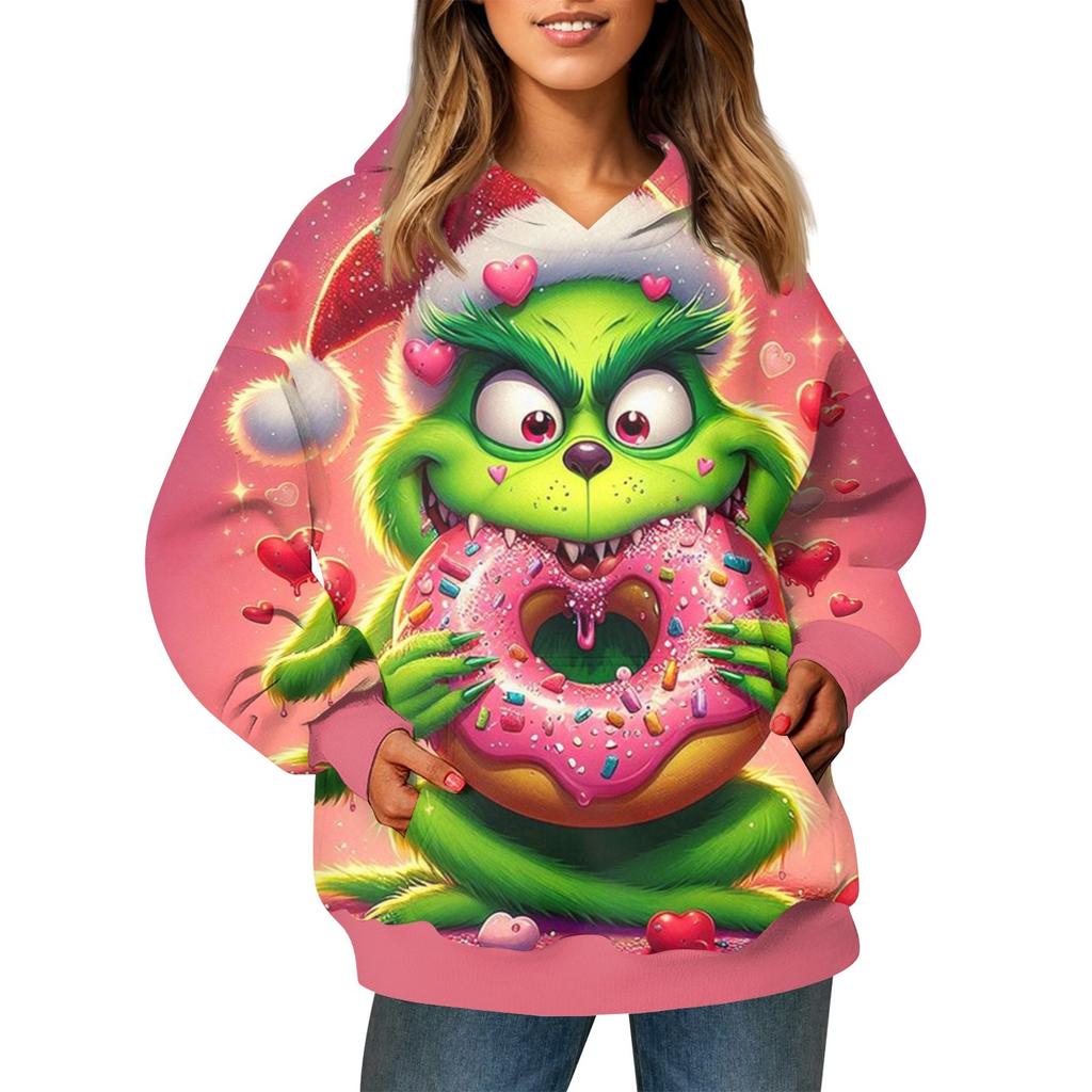 Женский модный свитер с длинными рукавами и рождественским принтом, с капюшоном и карманом