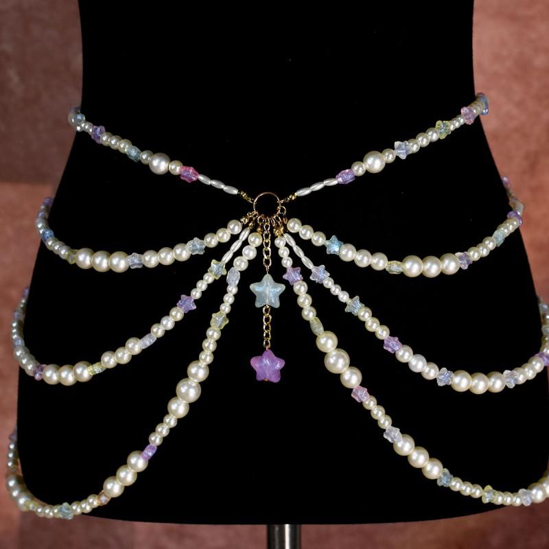 Womens Layered Pearl-Style Waist Chain With Pink Floral Glass Beads Tassel Detail Resin Crafted Fashion Body Jewelry