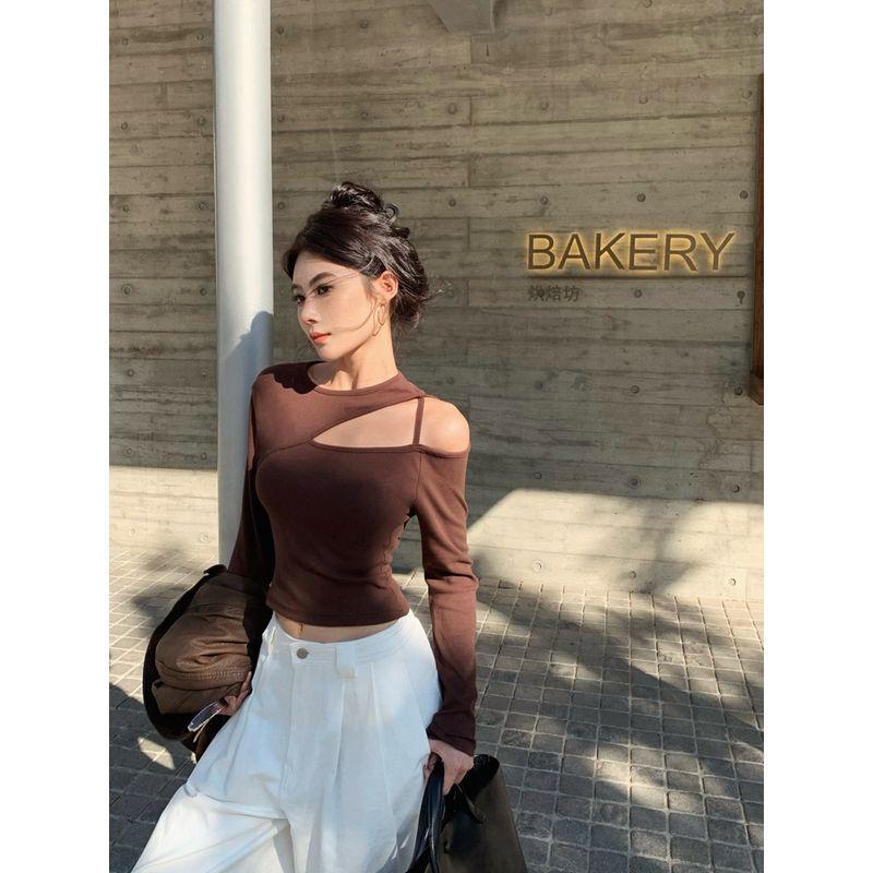 Kumikumi Sneaky Design off-Shoulder and Black Sexy T-shirt Female Summer Slim Fit Inner Wear Chic Hollow-out Short Tops