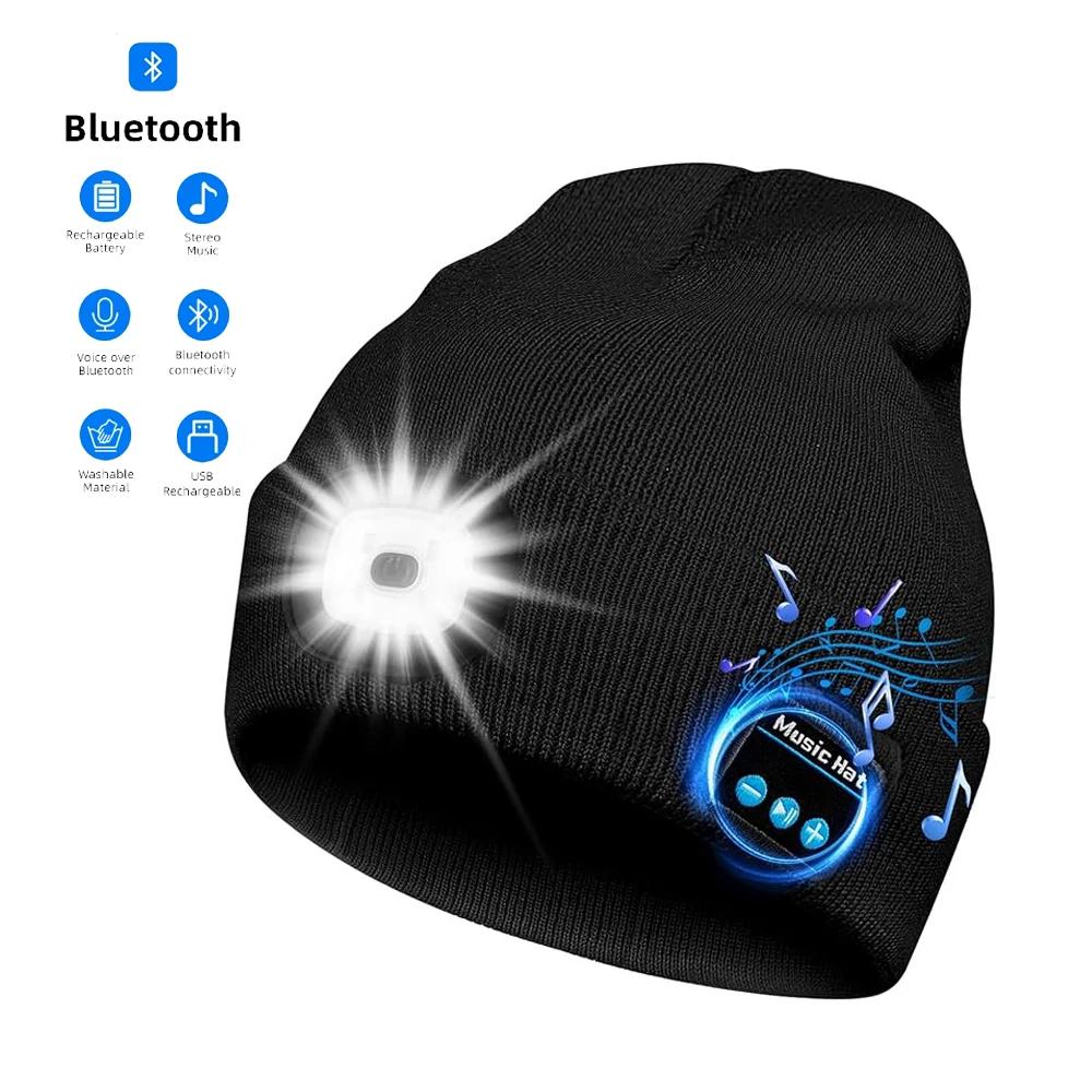 Теплая шапка-бини Bluetooth 5.0 со светодиодами, беспроводная стереогарнитура, музыкальный плеер с микрофоном, поддержка затемнения, перезаряжаемая батарея