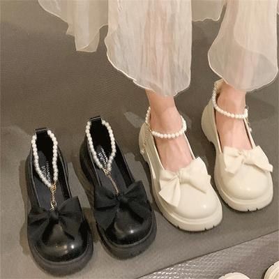 Туфли Мэри Джейн женские весенне-летние новые на толстом каблуке маленькие кожаные туфли с жемчужным бантом туфли для девочки