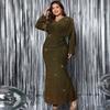 Women's Long Dress V-neck Long Sleeved Fishtail Evening Gown in Plus Size, Sexy and Sparkling High Waisted Long Dress