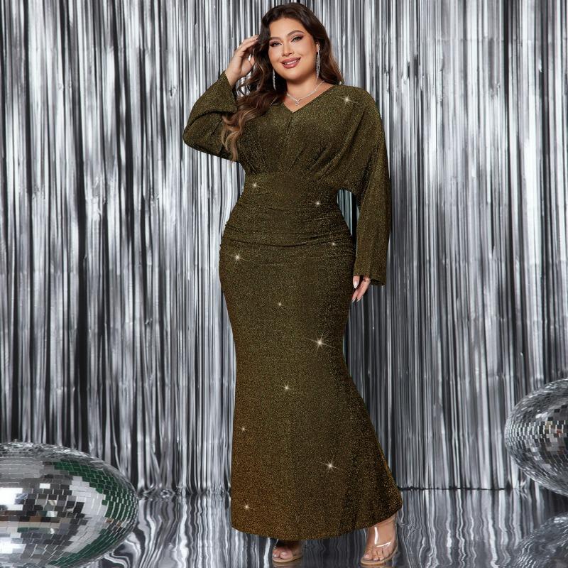 Women's Long Dress V-neck Long Sleeved Fishtail Evening Gown in Plus Size, Sexy and Sparkling High Waisted Long Dress